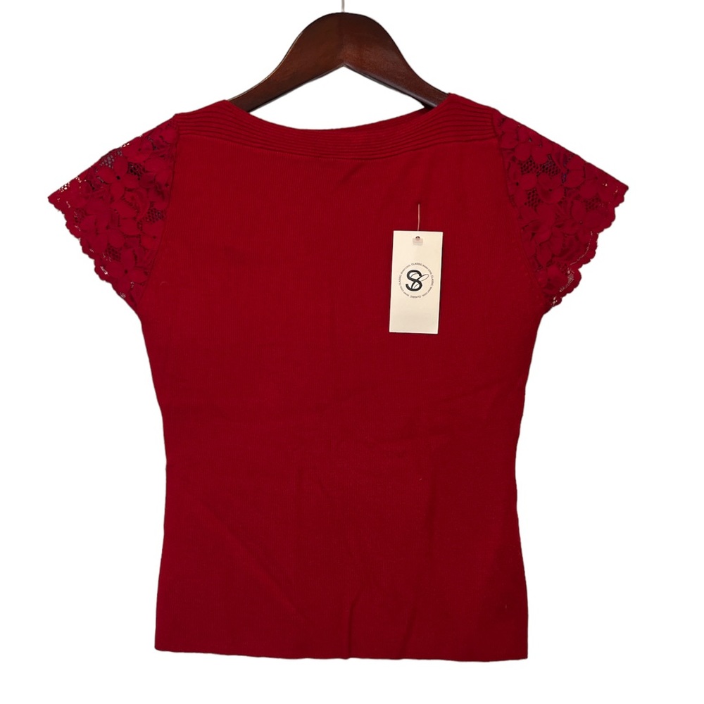 Cotton knit sweater top with lace cap sleeves